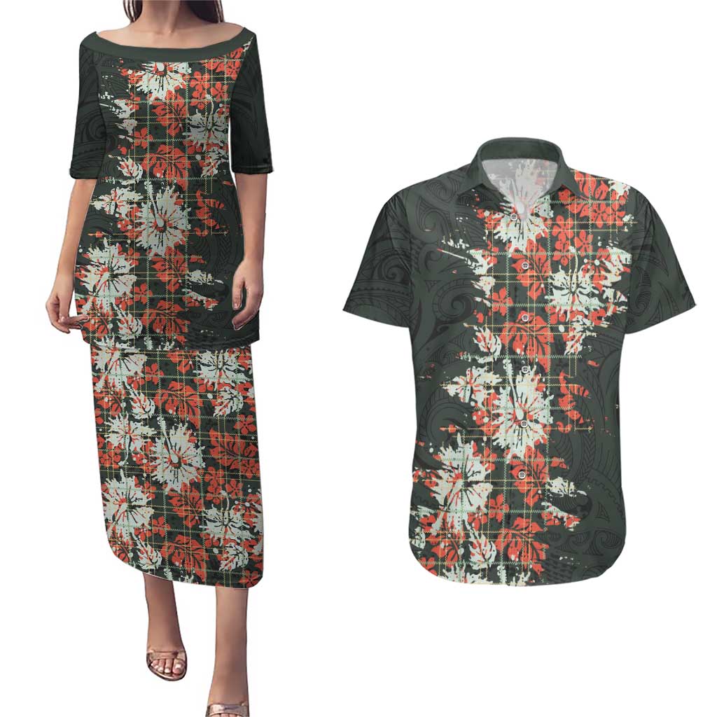 Hawaii Tartan With Hibiscus Couples Matching Puletasi and Hawaiian Shirt Polynesian Pattern Vintage LT9 Dark Green - Polynesian Pride