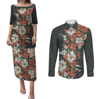 Hawaii Tartan With Hibiscus Couples Matching Puletasi and Long Sleeve Button Shirt Polynesian Pattern Vintage LT9 Dark Green - Polynesian Pride