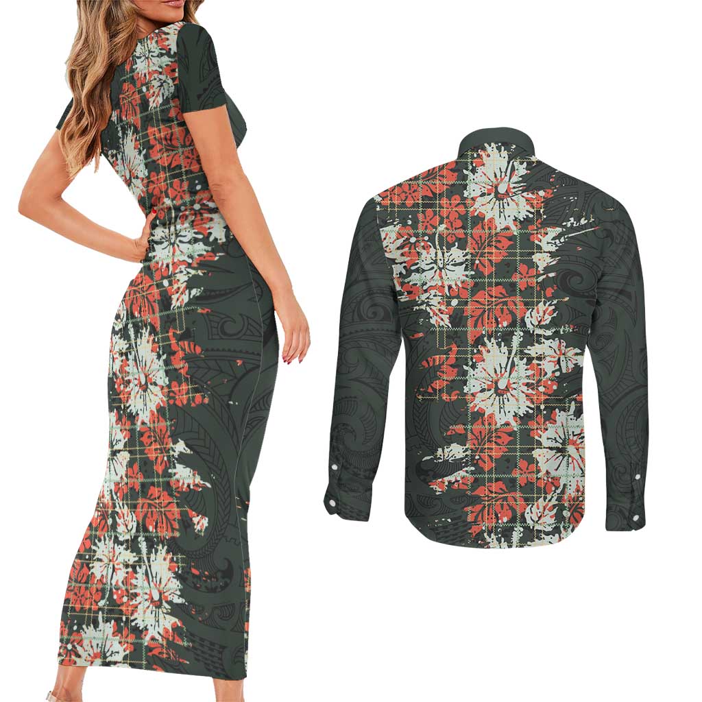 Hawaii Tartan With Hibiscus Couples Matching Short Sleeve Bodycon Dress and Long Sleeve Button Shirt Polynesian Pattern Vintage LT9 - Polynesian Pride