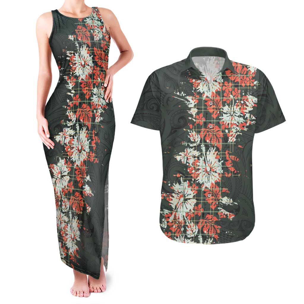 Hawaii Tartan With Hibiscus Couples Matching Tank Maxi Dress and Hawaiian Shirt Polynesian Pattern Vintage LT9 Dark Green - Polynesian Pride