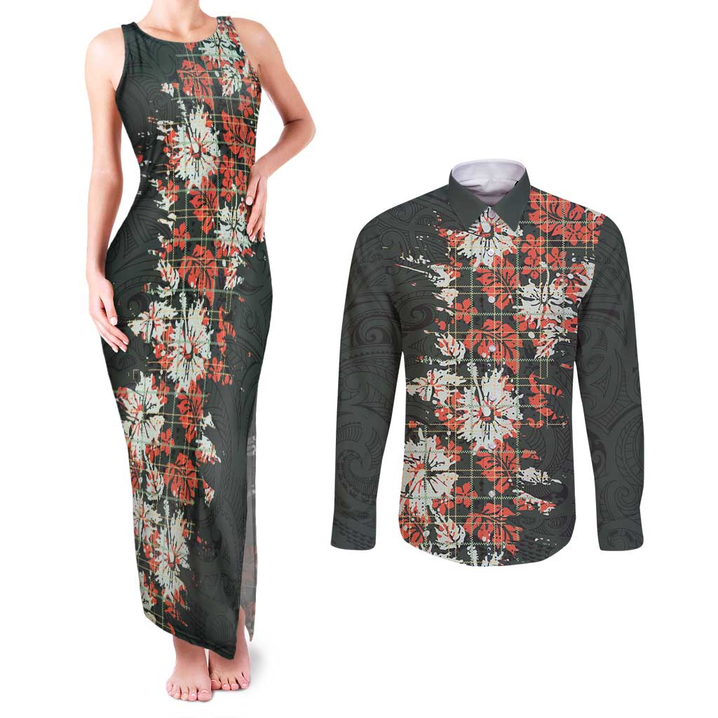 Hawaii Tartan With Hibiscus Couples Matching Tank Maxi Dress and Long Sleeve Button Shirt Polynesian Pattern Vintage LT9 Dark Green - Polynesian Pride