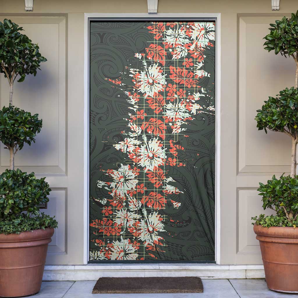 Hawaii Tartan With Hibiscus Door Cover Polynesian Pattern Vintage LT9 Dark Green - Polynesian Pride