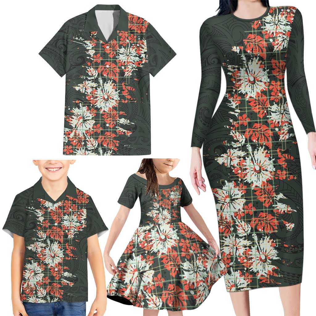 Hawaii Tartan With Hibiscus Family Matching Long Sleeve Bodycon Dress and Hawaiian Shirt Polynesian Pattern Vintage