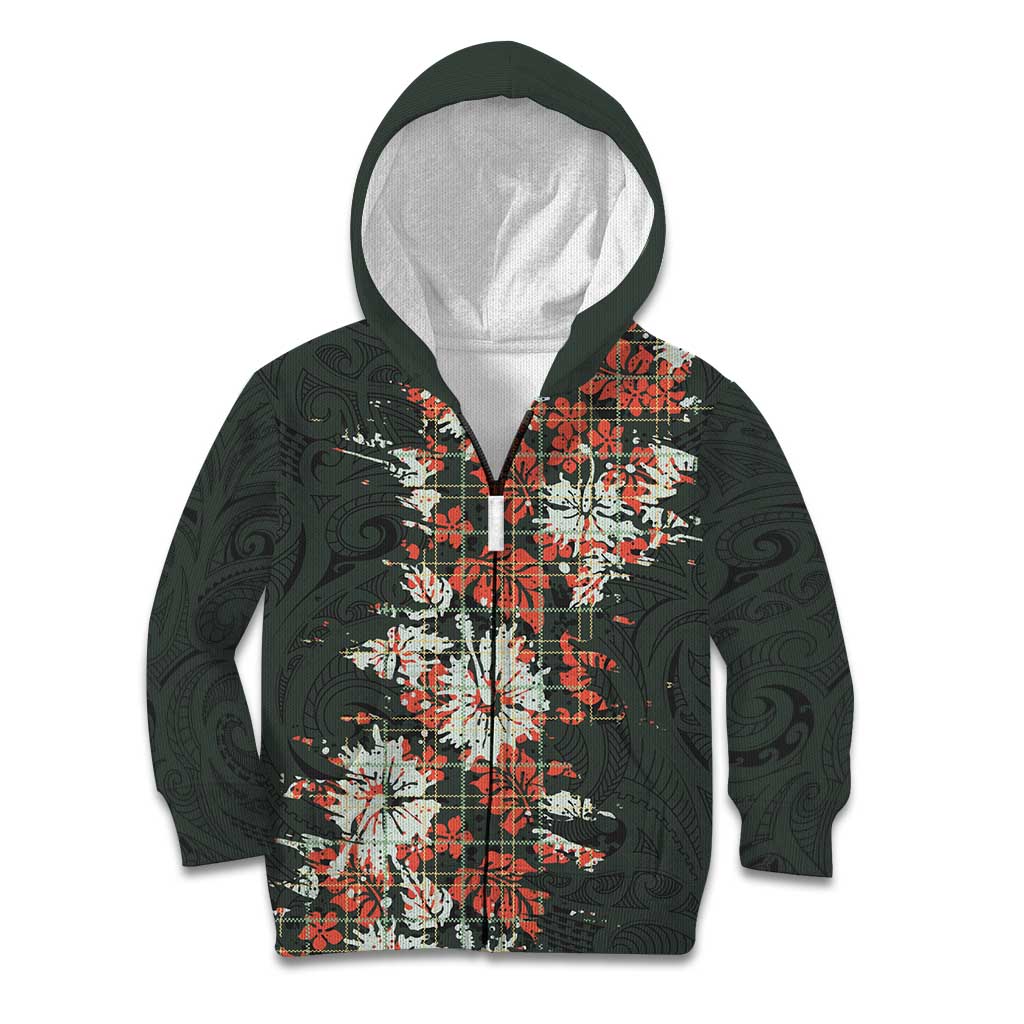 Hawaii Tartan With Hibiscus Kid Hoodie Polynesian Pattern Vintage LT9 Zip Hoodie Dark Green - Polynesian Pride