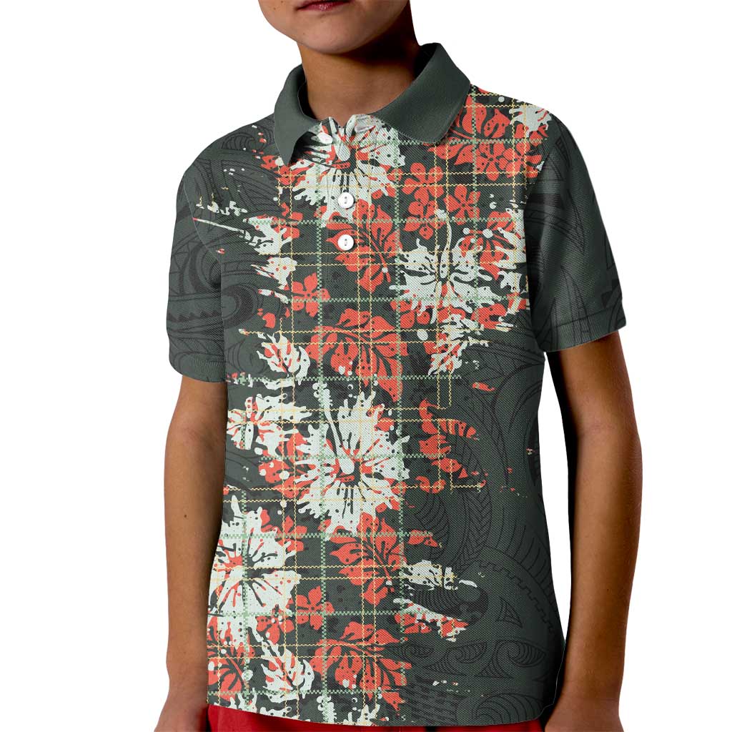 Hawaii Tartan With Hibiscus Kid Polo Shirt Polynesian Pattern Vintage LT9 Kid Dark Green - Polynesian Pride