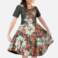 Hawaii Tartan With Hibiscus Kid Short Sleeve Dress Polynesian Pattern Vintage LT9 KID Dark Green - Polynesian Pride