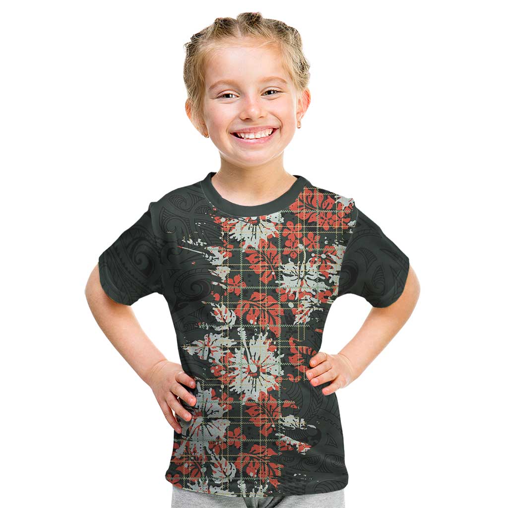 Hawaii Tartan With Hibiscus Kid T Shirt Polynesian Pattern Vintage LT9 Dark Green - Polynesian Pride