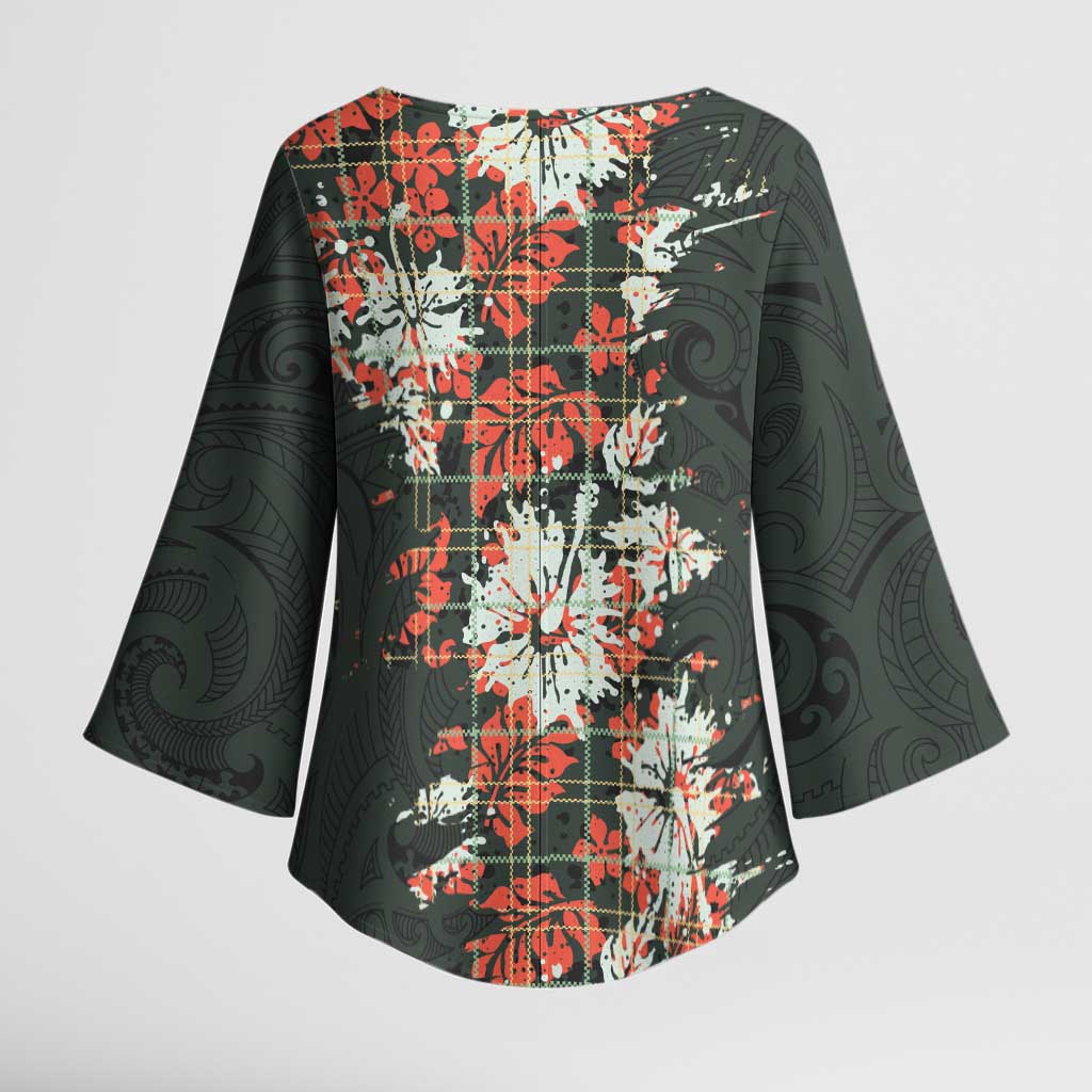Hawaii Tartan With Hibiscus Kimono Sleeve Blouse Polynesian Pattern Vintage LT9 - Polynesian Pride