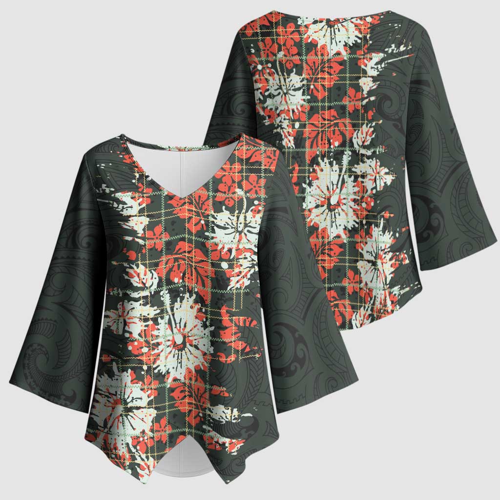 Hawaii Tartan With Hibiscus Kimono Sleeve Blouse Polynesian Pattern Vintage LT9 - Polynesian Pride
