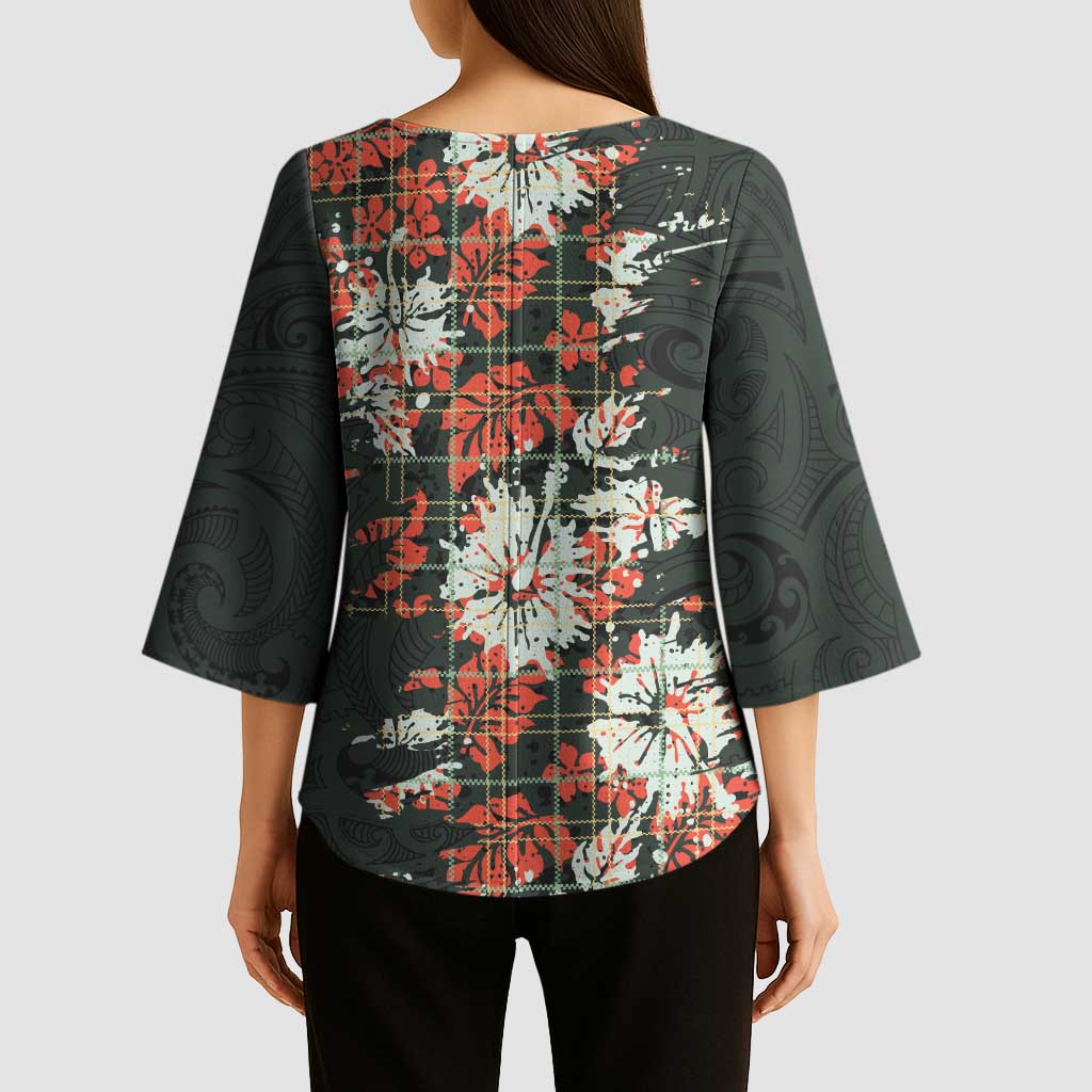 Hawaii Tartan With Hibiscus Kimono Sleeve Blouse Polynesian Pattern Vintage LT9 - Polynesian Pride