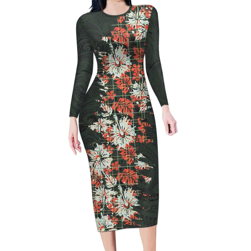 Hawaii Tartan With Hibiscus Long Sleeve Bodycon Dress Polynesian Pattern Vintage LT9 Long Dress Dark Green - Polynesian Pride