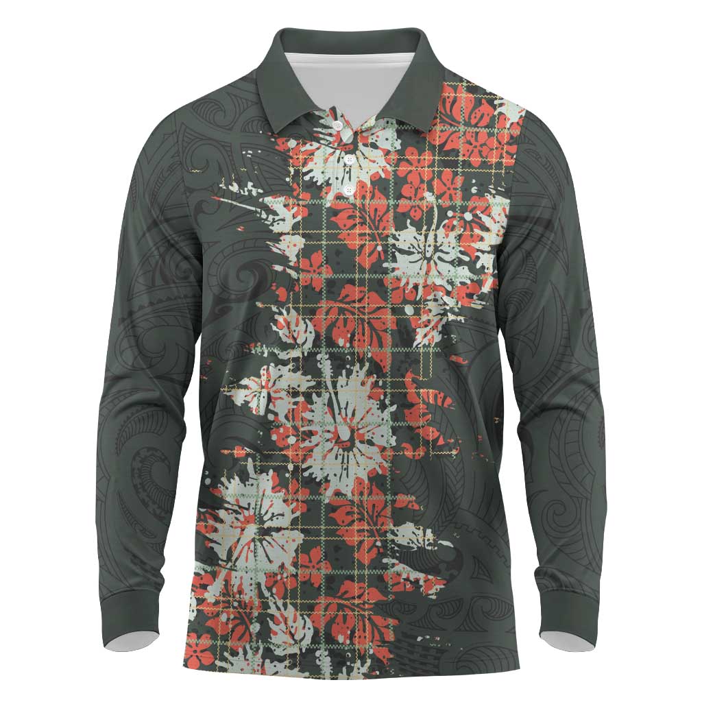 Hawaii Tartan With Hibiscus Long Sleeve Polo Shirt Polynesian Pattern Vintage LT9 Dark Green - Polynesian Pride