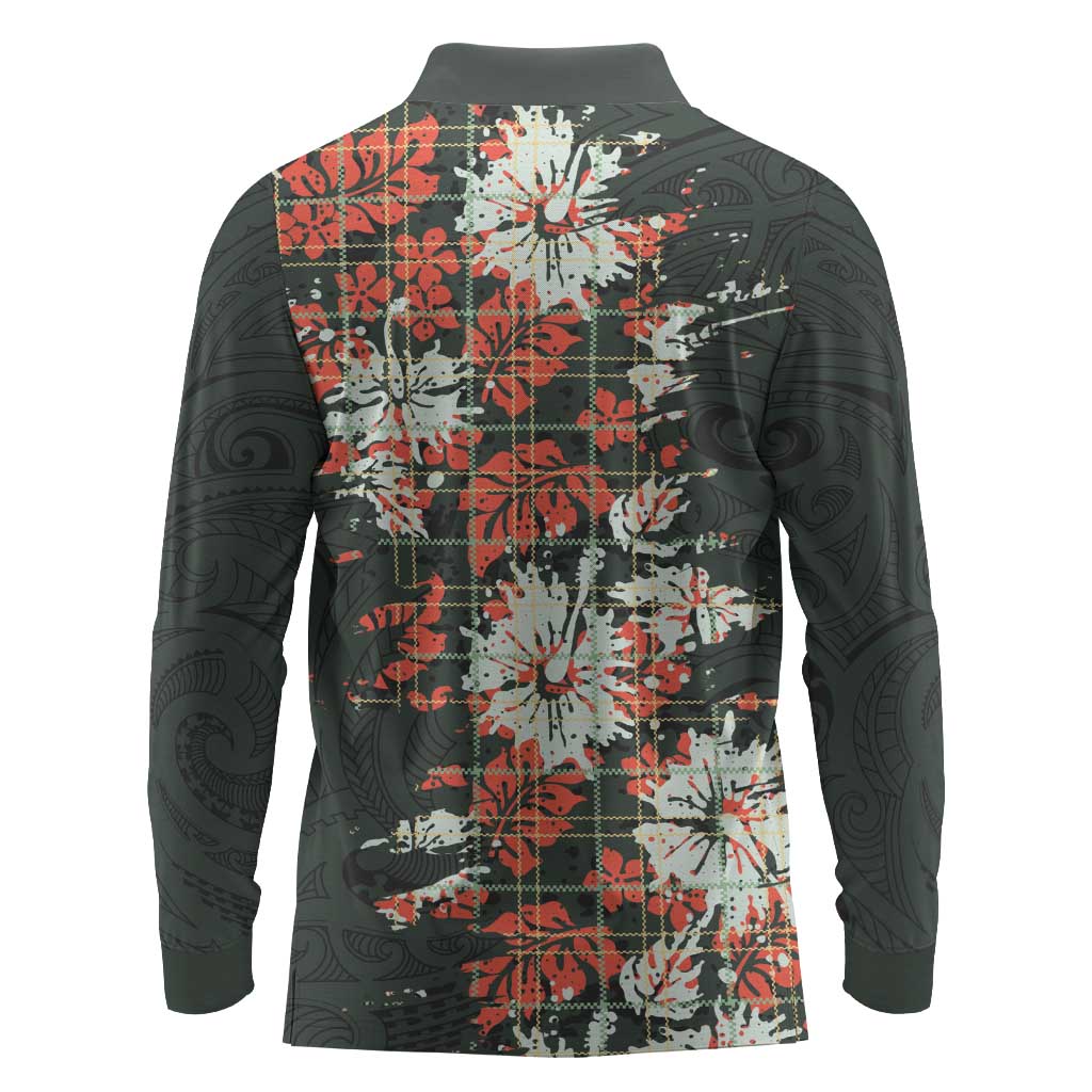 Hawaii Tartan With Hibiscus Long Sleeve Polo Shirt Polynesian Pattern Vintage LT9 - Polynesian Pride