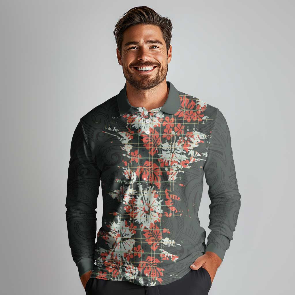 Hawaii Tartan With Hibiscus Long Sleeve Polo Shirt Polynesian Pattern Vintage LT9 - Polynesian Pride