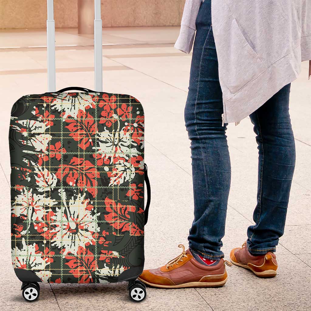 Hawaii Tartan With Hibiscus Luggage Cover Polynesian Pattern Vintage LT9 Dark Green - Polynesian Pride
