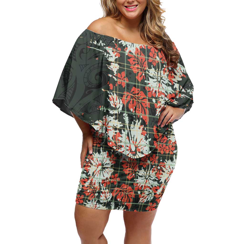Hawaii Tartan With Hibiscus Off Shoulder Short Dress Polynesian Pattern Vintage LT9 Women Dark Green - Polynesian Pride