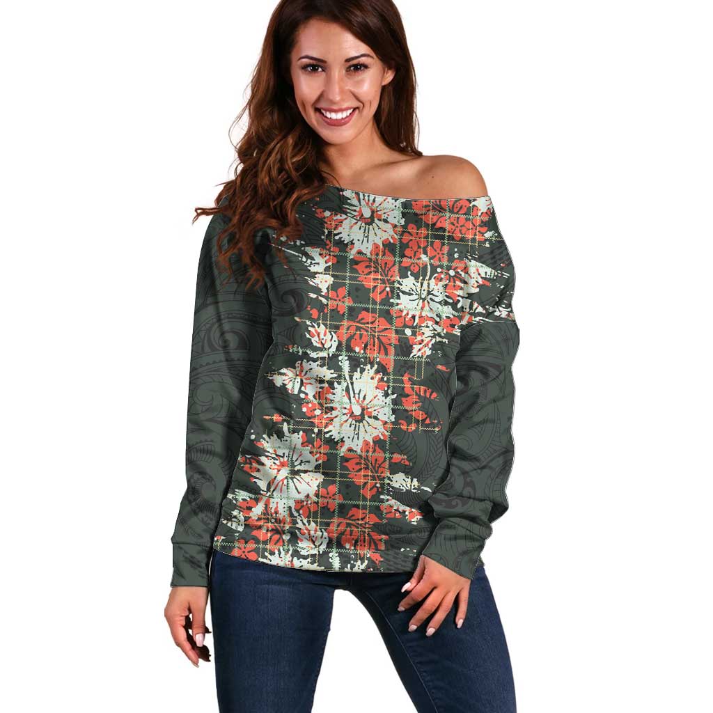 Hawaii Tartan With Hibiscus Off Shoulder Sweater Polynesian Pattern Vintage