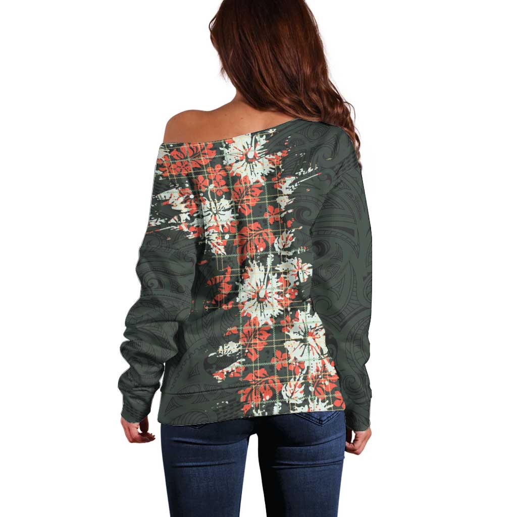 Hawaii Tartan With Hibiscus Off Shoulder Sweater Polynesian Pattern Vintage