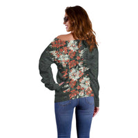 Hawaii Tartan With Hibiscus Off Shoulder Sweater Polynesian Pattern Vintage