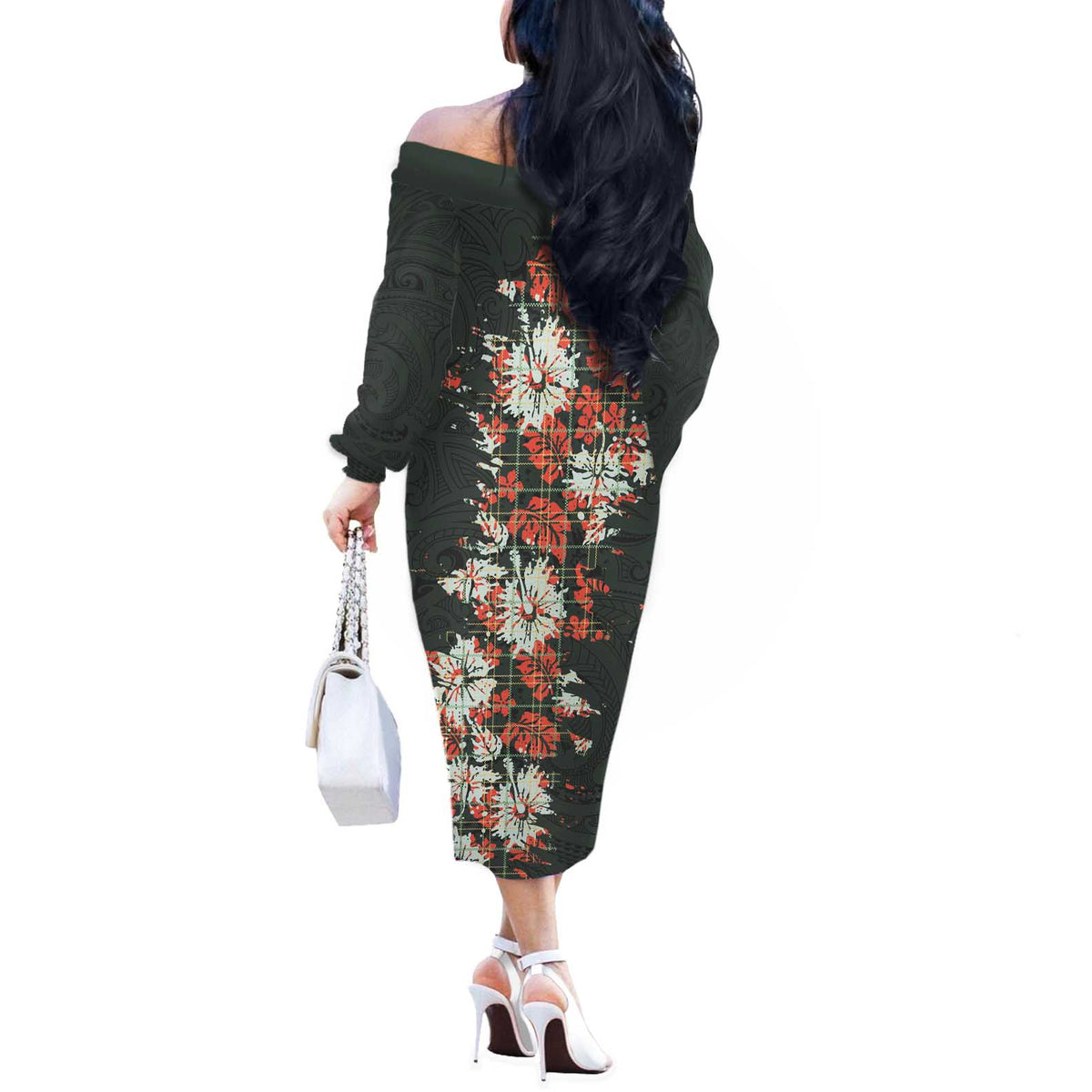 Hawaii Tartan With Hibiscus Off The Shoulder Long Sleeve Dress Polynesian Pattern Vintage LT9 - Polynesian Pride