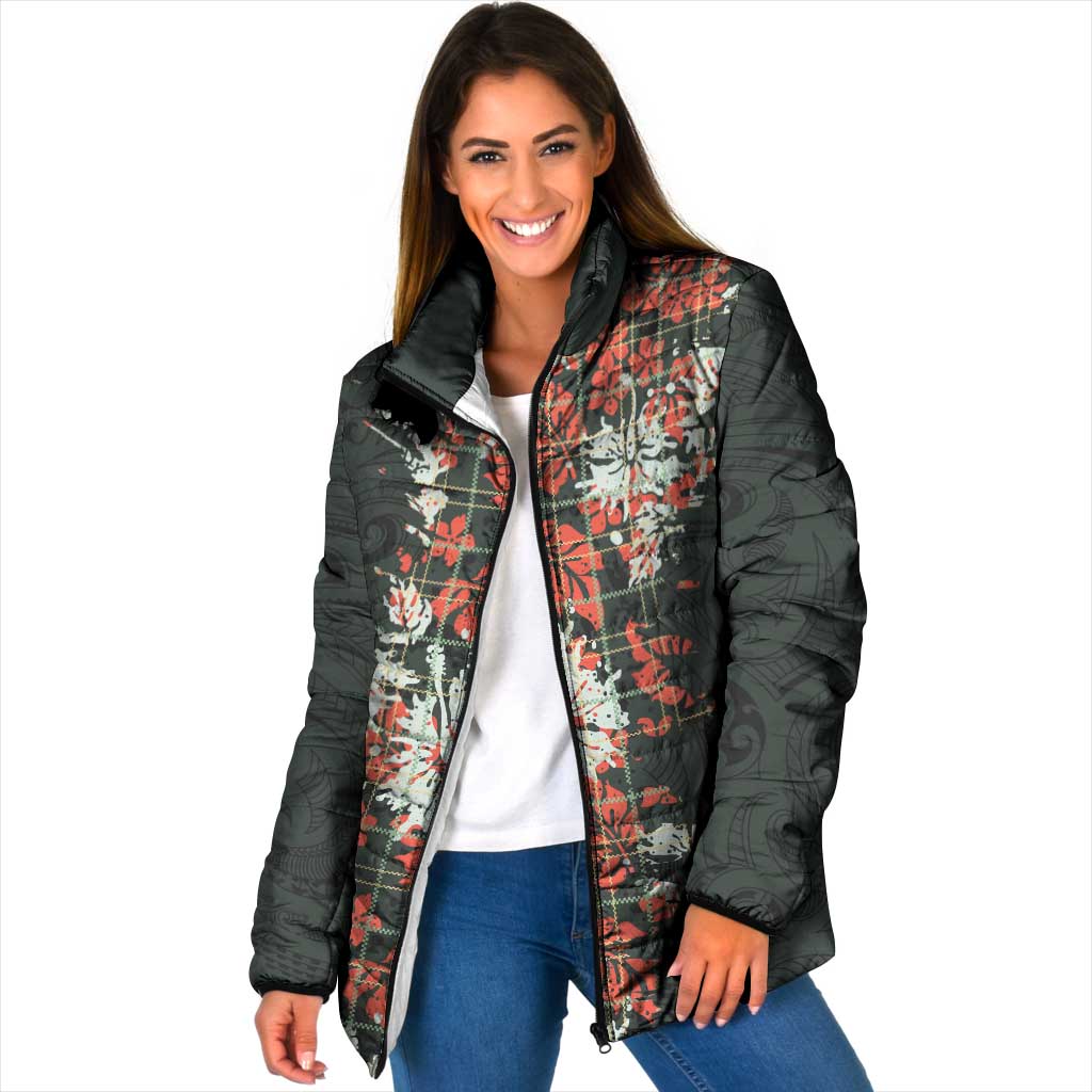 Hawaii Tartan With Hibiscus Padded Jacket Polynesian Pattern Vintage LT9 Women Dark Green - Polynesian Pride