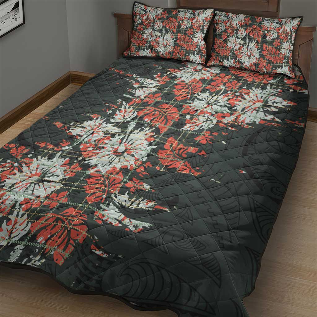 Hawaii Tartan With Hibiscus Quilt Bed Set Polynesian Pattern Vintage