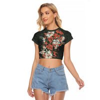 Hawaii Tartan With Hibiscus Raglan Cropped T Shirt Polynesian Pattern Vintage LT9 Female Dark Green - Polynesian Pride
