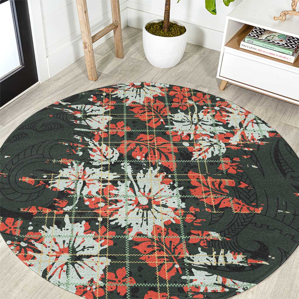 Hawaii Tartan With Hibiscus Round Carpet Polynesian Pattern Vintage LT9 Dark Green - Polynesian Pride