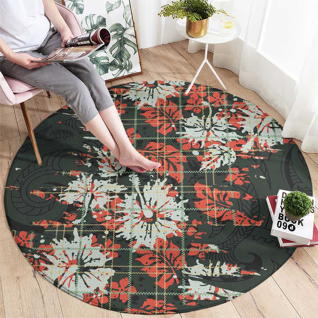 Hawaii Tartan With Hibiscus Round Carpet Polynesian Pattern Vintage LT9 - Polynesian Pride