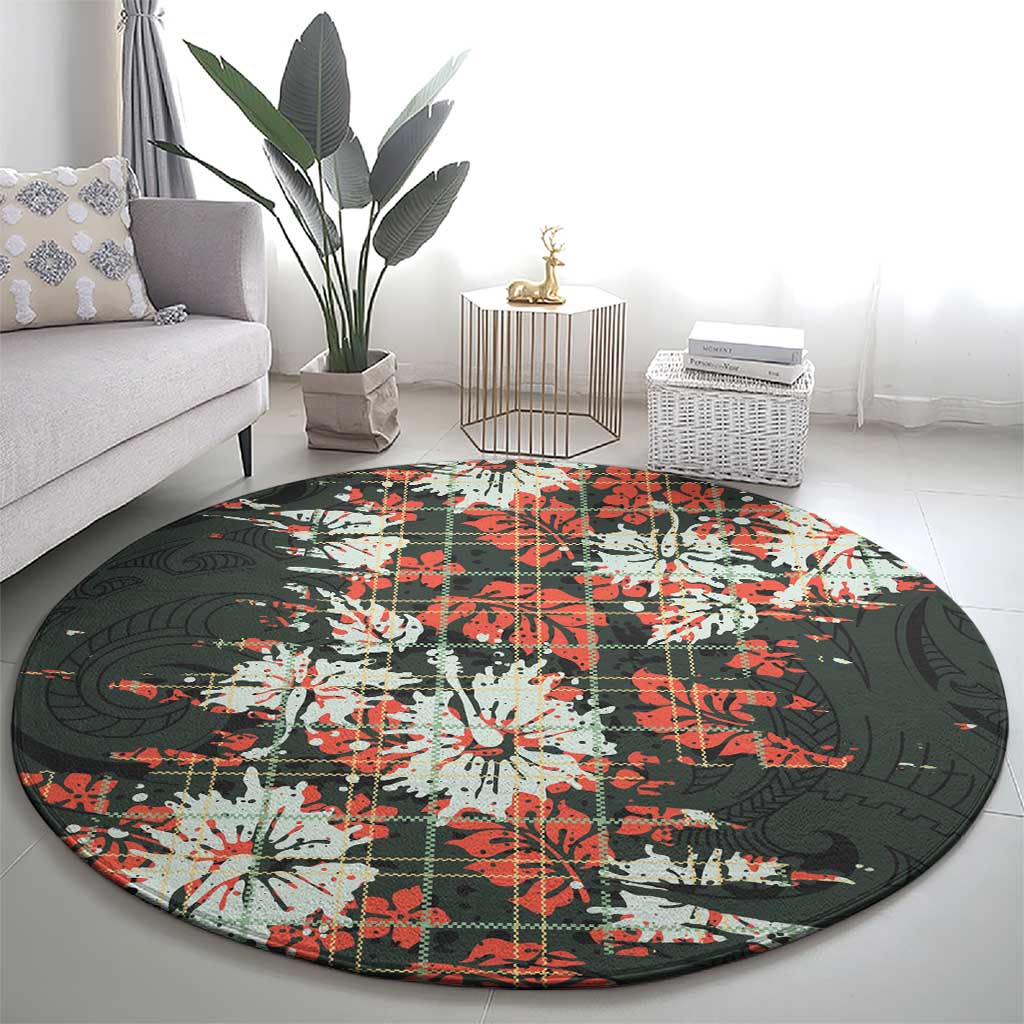 Hawaii Tartan With Hibiscus Round Carpet Polynesian Pattern Vintage LT9 - Polynesian Pride
