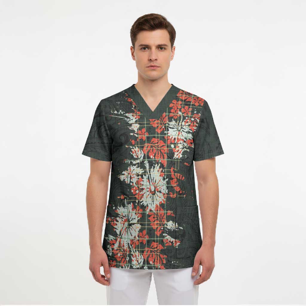 Hawaii Tartan With Hibiscus Scrub Top Polynesian Pattern Vintage LT9 - Polynesian Pride