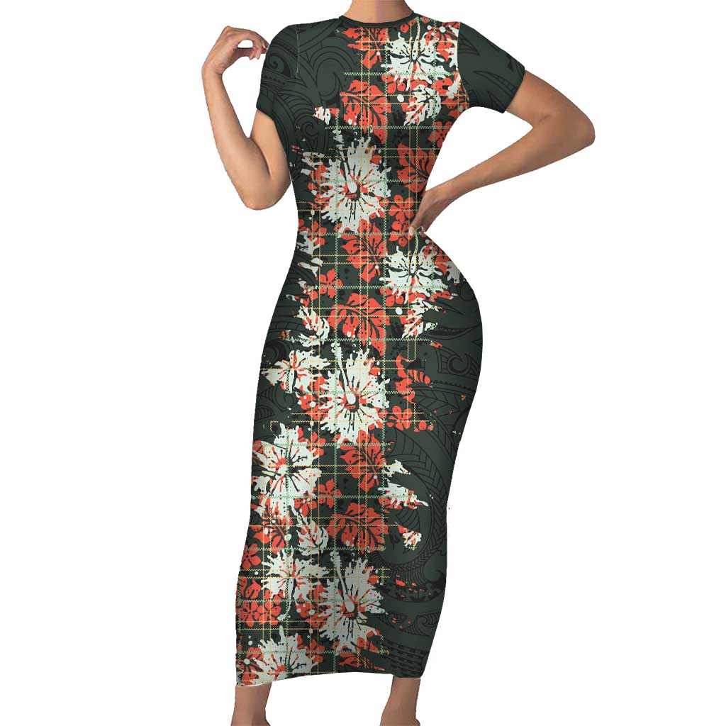 Hawaii Tartan With Hibiscus Short Sleeve Bodycon Dress Polynesian Pattern Vintage LT9 Long Dress Dark Green - Polynesian Pride