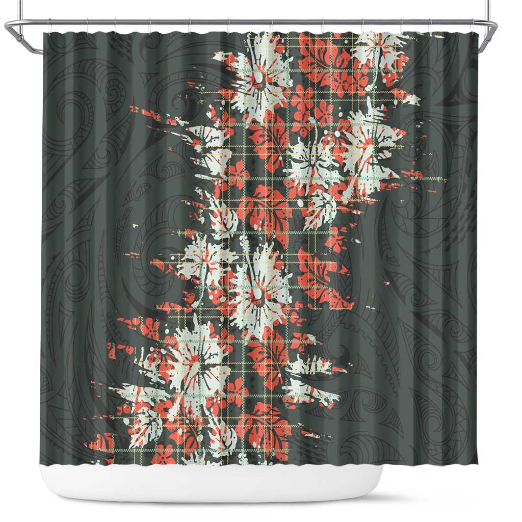 Hawaii Tartan With Hibiscus Shower Curtain Polynesian Pattern Vintage LT9 Dark Green - Polynesian Pride