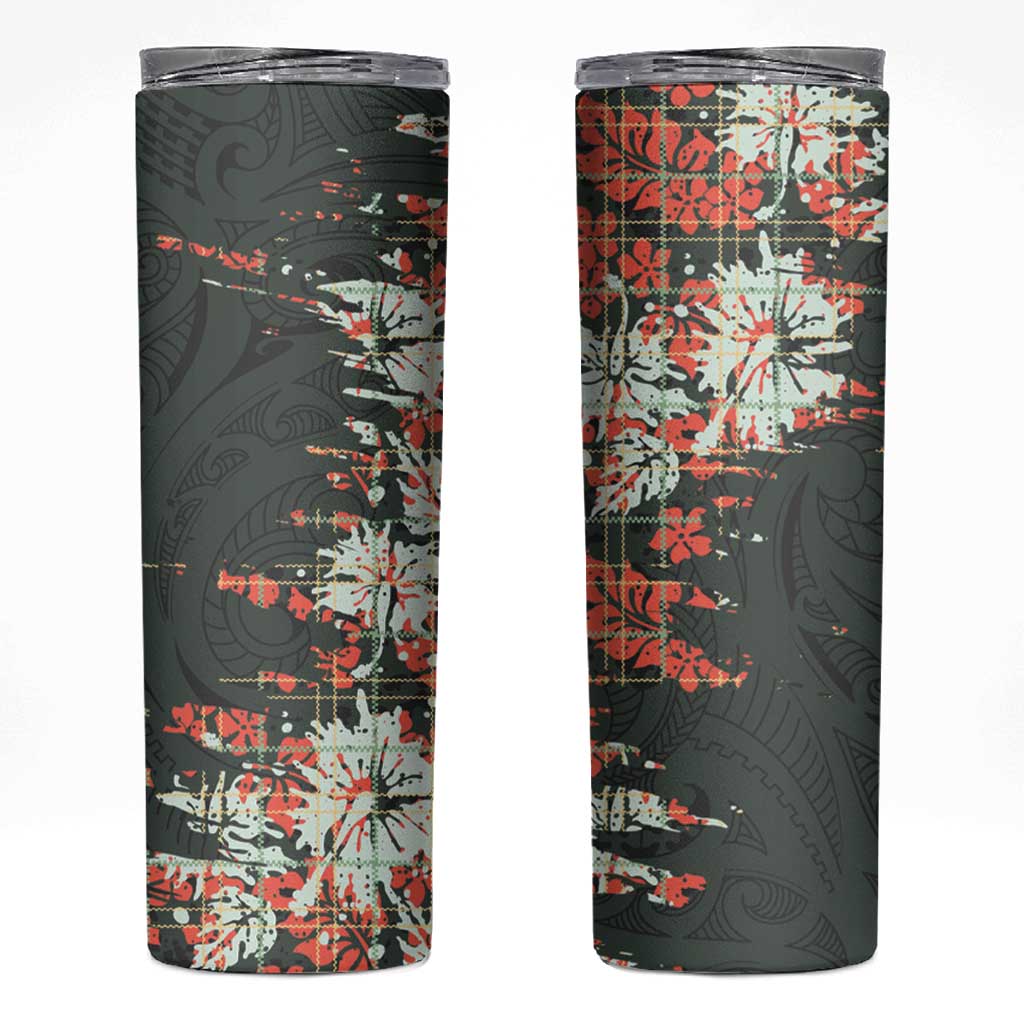 Hawaii Tartan With Hibiscus Skinny Tumbler Polynesian Pattern Vintage LT9 Dark Green - Polynesian Pride