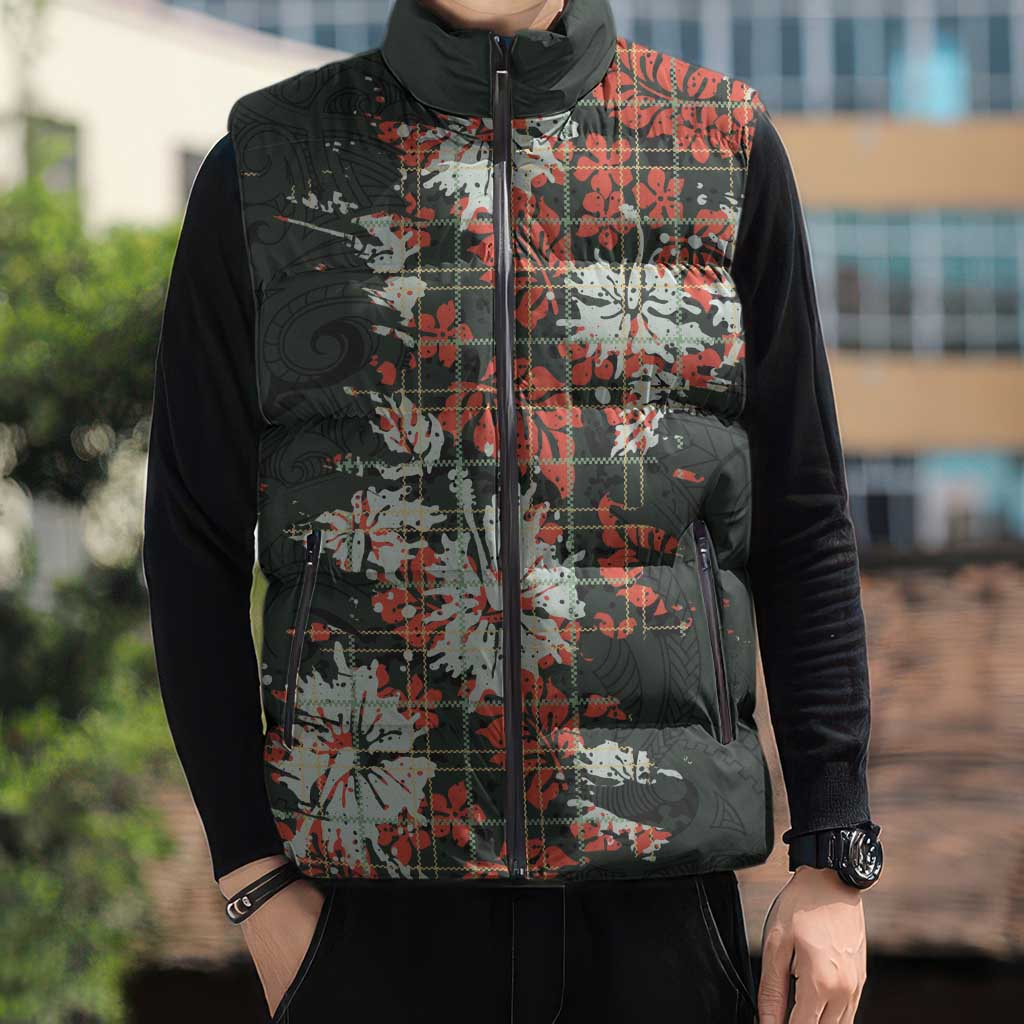 Hawaii Tartan With Hibiscus Sleeveless Puffer Jacket Polynesian Pattern Vintage LT9 - Polynesian Pride