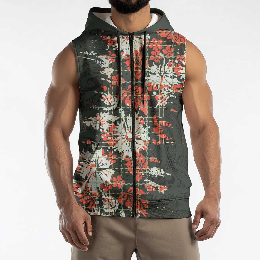 Hawaii Tartan With Hibiscus Sleeveless Zip Hoodie Polynesian Pattern Vintage LT9 - Polynesian Pride