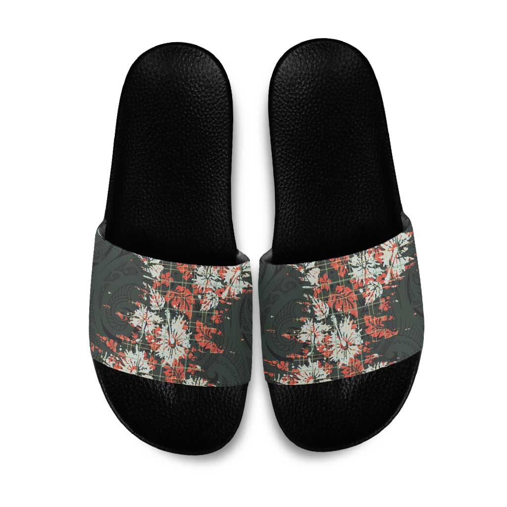Hawaii Tartan With Hibiscus Slide Sandals Polynesian Pattern Vintage LT9 Dark Green - Polynesian Pride
