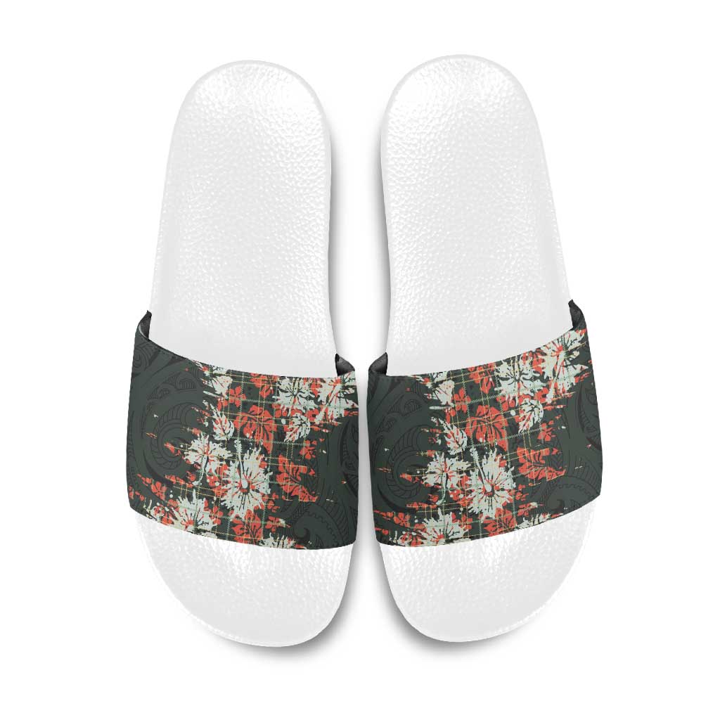 Hawaii Tartan With Hibiscus Slide Sandals Polynesian Pattern Vintage LT9 Dark Green - Polynesian Pride