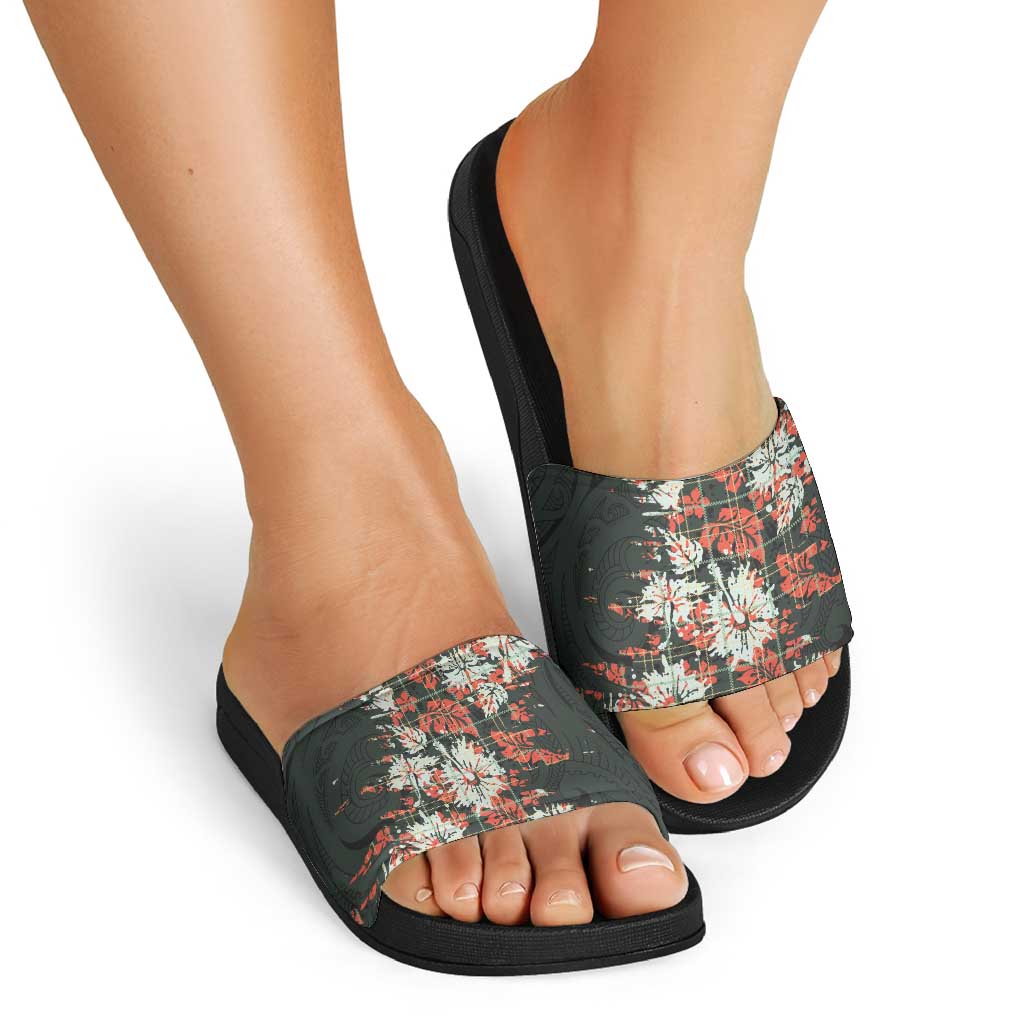Hawaii Tartan With Hibiscus Slide Sandals Polynesian Pattern Vintage LT9 - Polynesian Pride