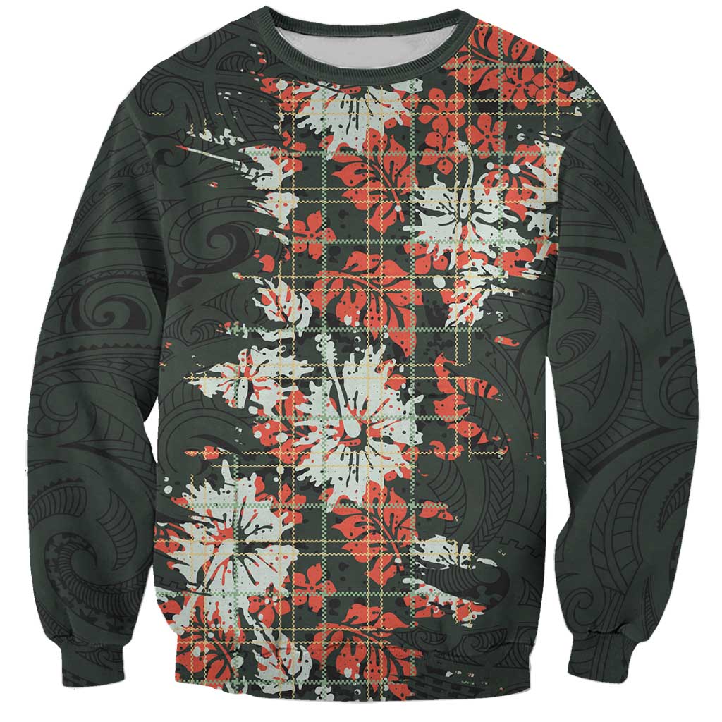 Hawaii Tartan With Hibiscus Sweatshirt Polynesian Pattern Vintage LT9 Unisex Dark Green - Polynesian Pride