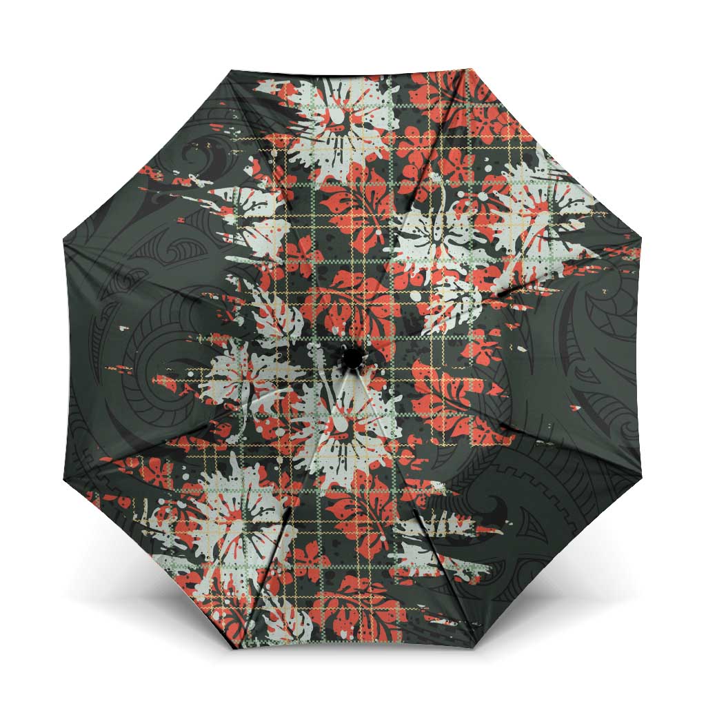 Hawaii Tartan With Hibiscus Umbrella Polynesian Pattern Vintage LT9 One Size Folded 11.42 inch Opened Diameter 37.4 inch Dark Green - Polynesian Pride