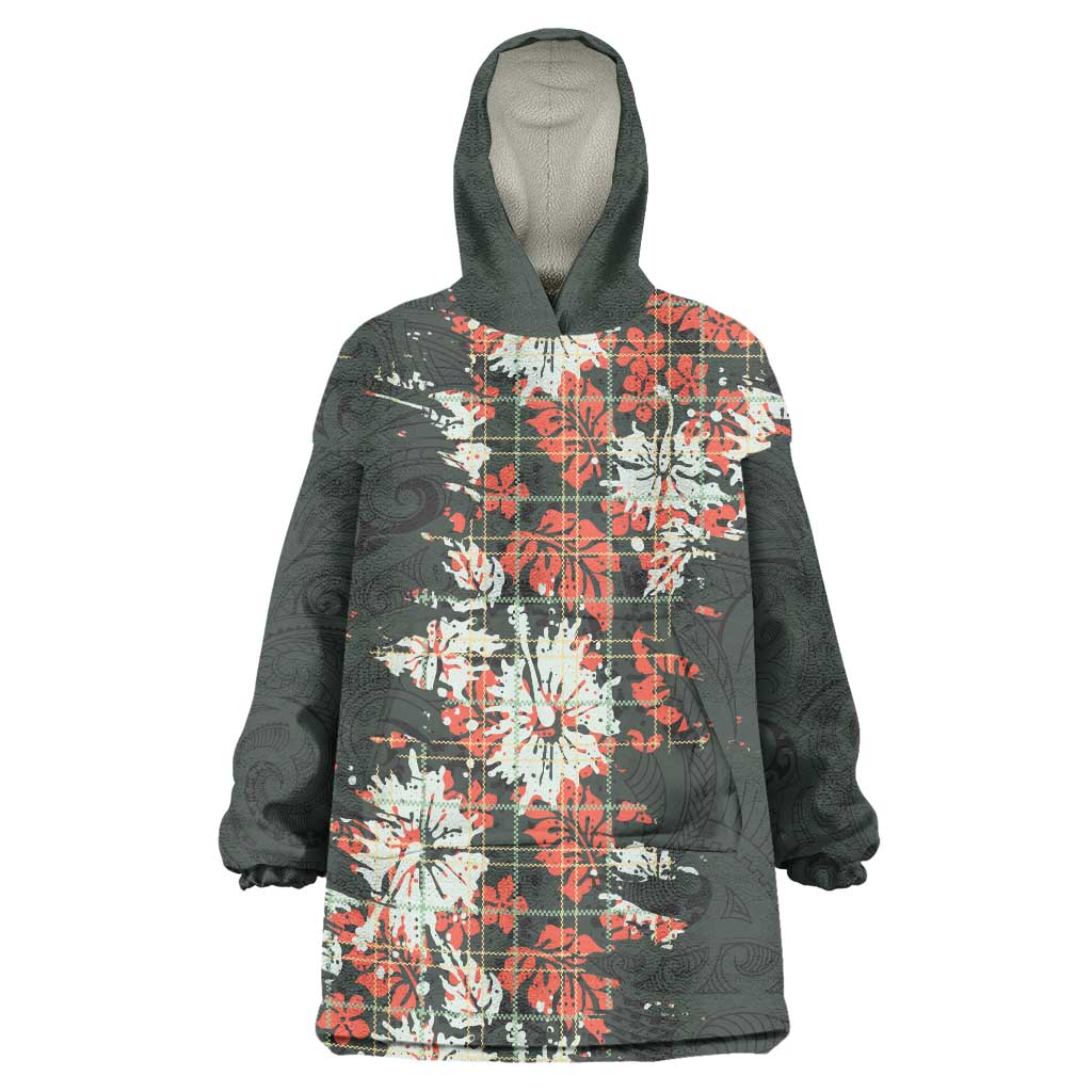 Hawaii Tartan With Hibiscus Wearable Blanket Hoodie Polynesian Pattern Vintage LT9 One Size Dark Green - Polynesian Pride