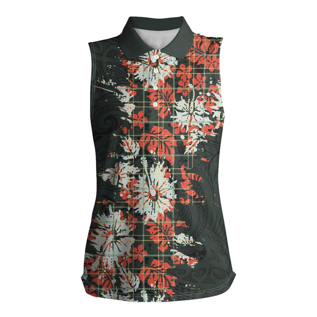Hawaii Tartan With Hibiscus Women Sleeveless Polo Shirt Polynesian Pattern Vintage LT9 Female Dark Green - Polynesian Pride