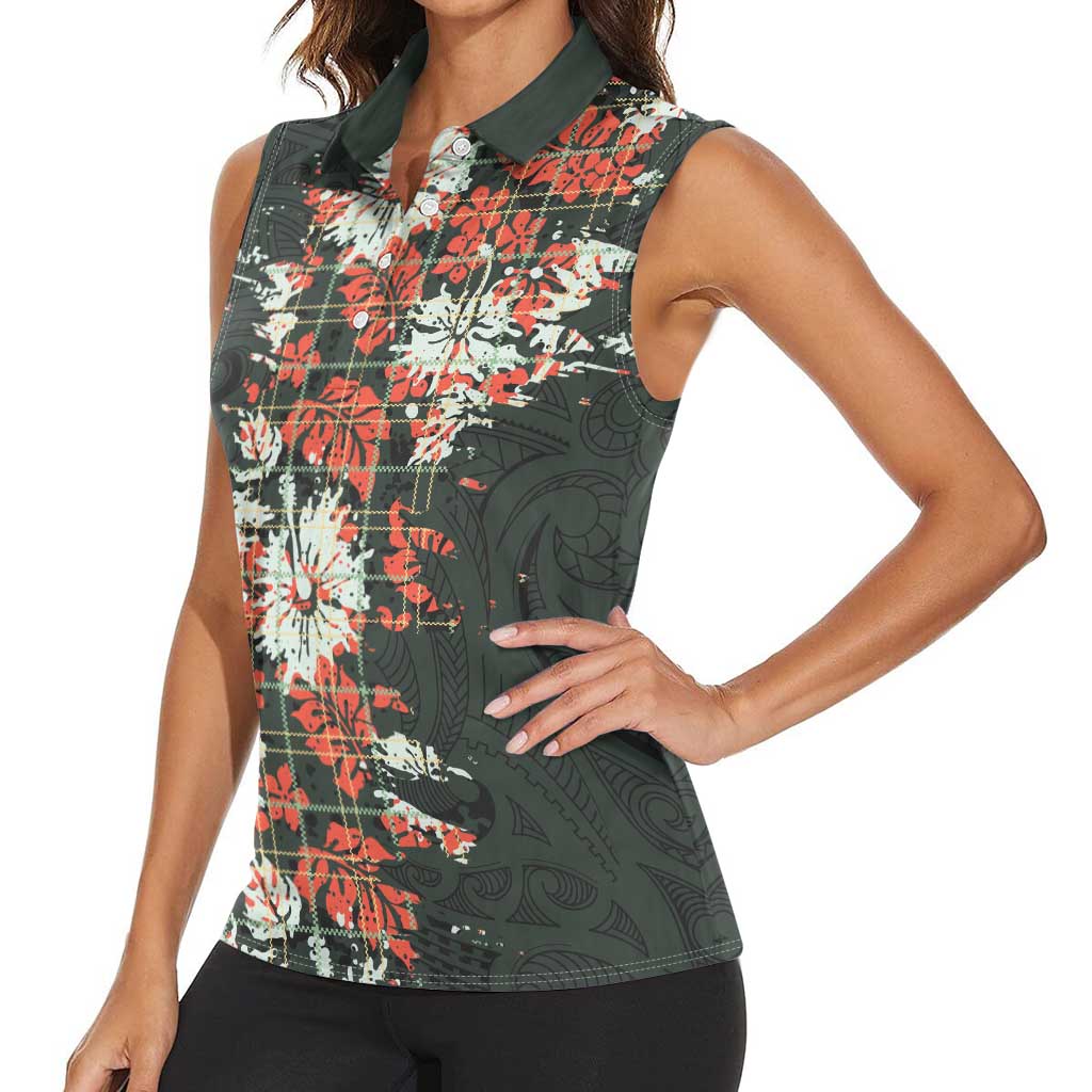 Hawaii Tartan With Hibiscus Women Sleeveless Polo Shirt Polynesian Pattern Vintage LT9 - Polynesian Pride