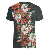 Hawaii Tartan With Hibiscus Women V-Neck T-Shirt Polynesian Pattern Vintage