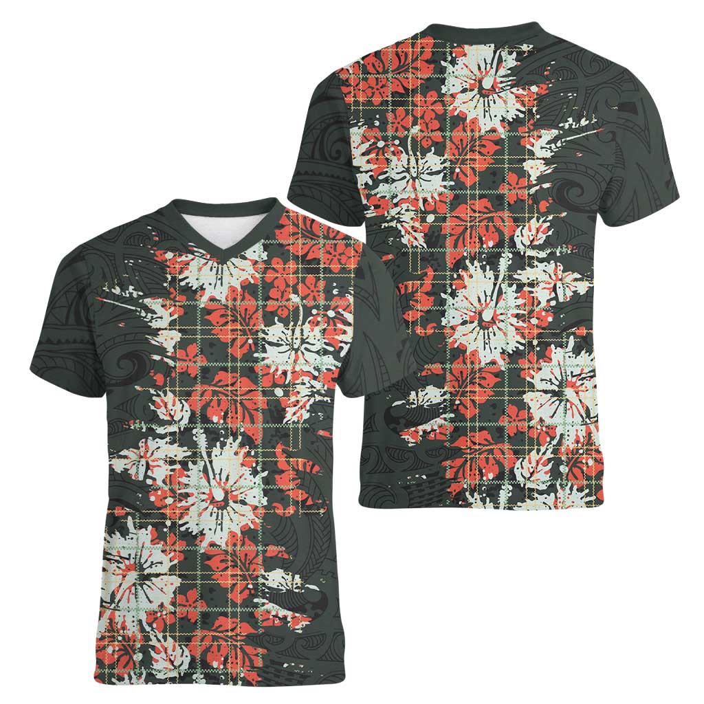 Hawaii Tartan With Hibiscus Women V-Neck T-Shirt Polynesian Pattern Vintage