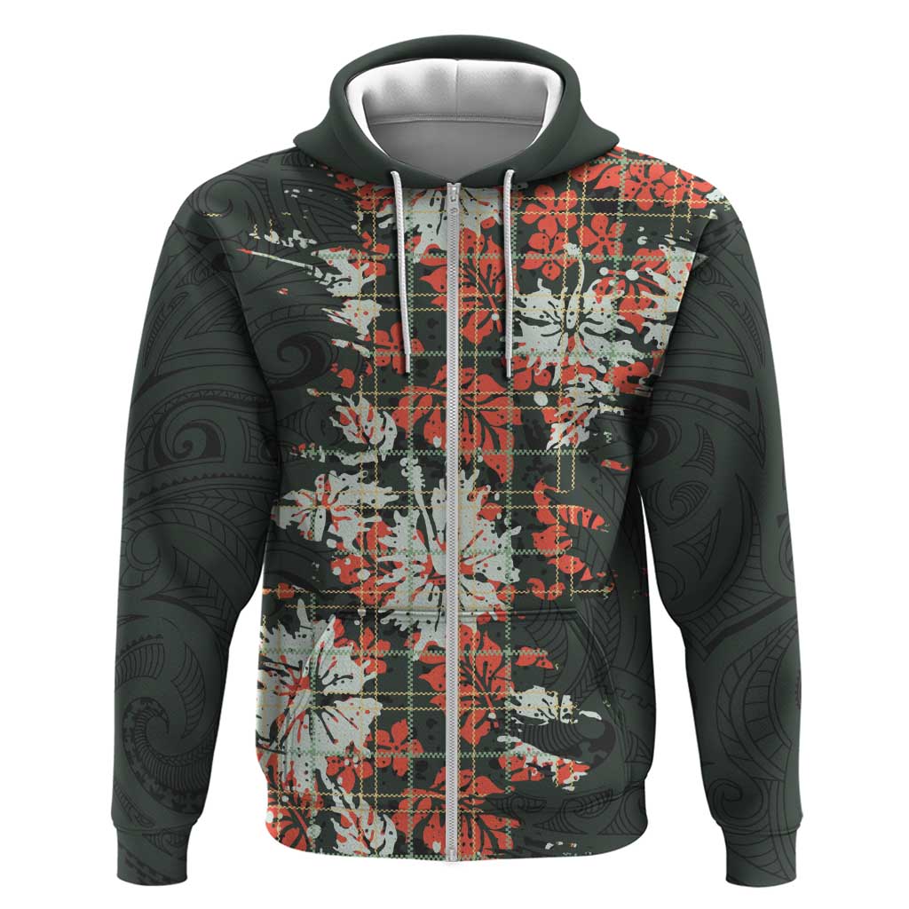 Hawaii Tartan With Hibiscus Zip Hoodie Polynesian Pattern Vintage LT9 Zip Hoodie Dark Green - Polynesian Pride