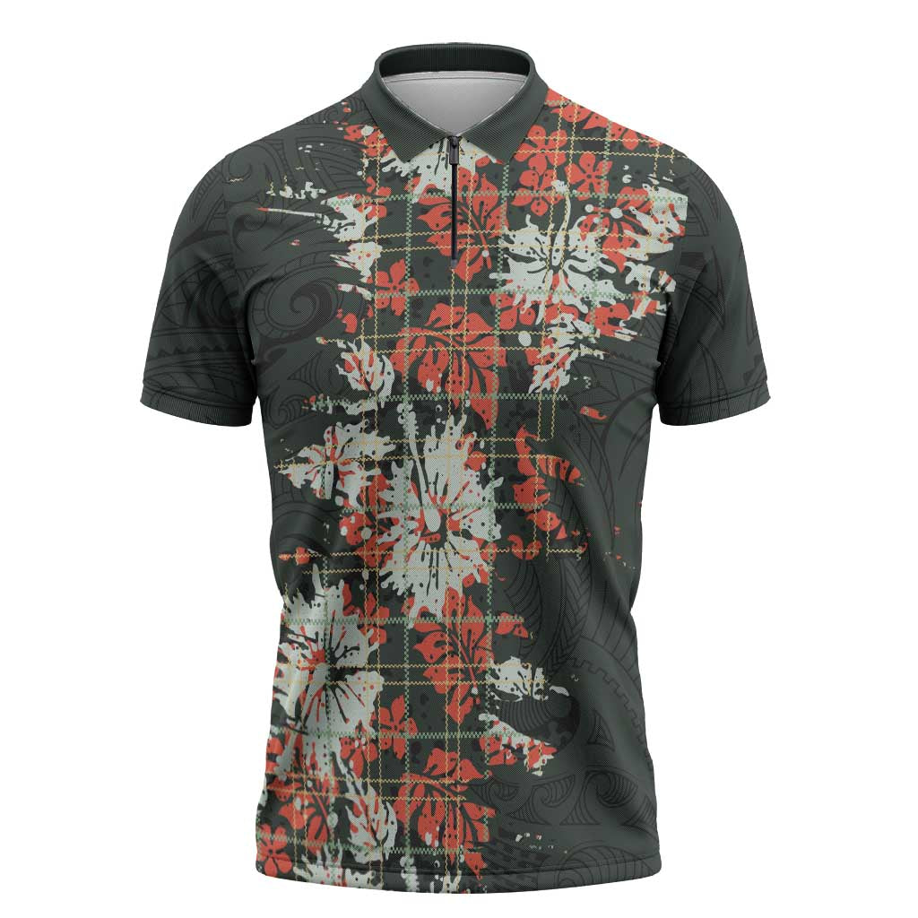 Hawaii Tartan With Hibiscus Zipper Polo Shirt Polynesian Pattern Vintage LT9 Dark Green - Polynesian Pride