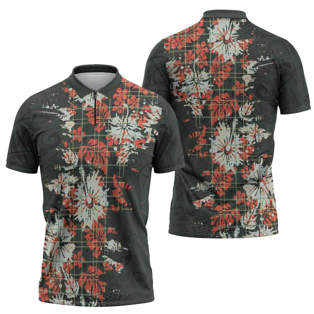Hawaii Tartan With Hibiscus Zipper Polo Shirt Polynesian Pattern Vintage LT9 - Polynesian Pride