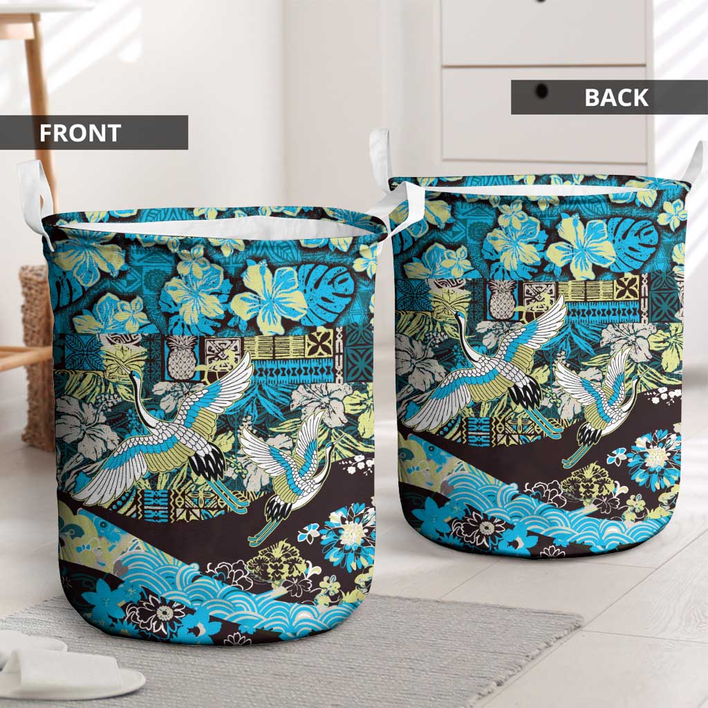 Japanese Hawaiian Crane Laundry Basket Blue Tapa Patchwork Pattern LT9 - Polynesian Pride